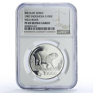 Indonesia 10000 rupiah Pig Boar Conservation Fauna PF69 NGC silver coin 1987