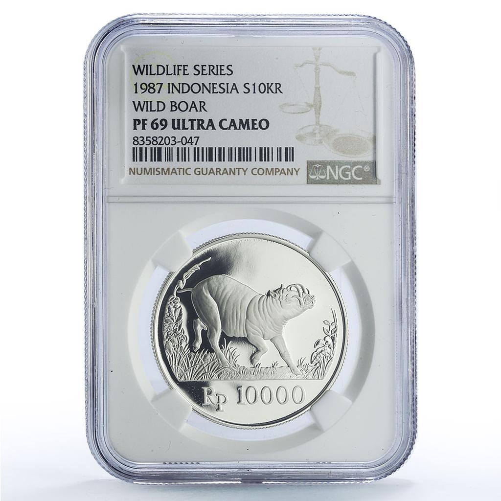 Indonesia 10000 rupiah Pig Boar Conservation Fauna PF69 NGC silver coin 1987