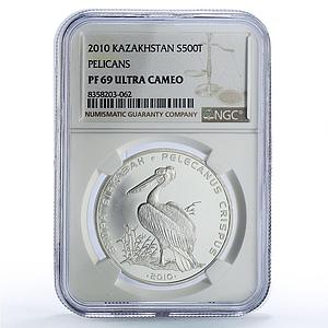 Kazakhstan 500 tenge Pelican Red Book Birds Fauna PF69 NGC silver coin 2010