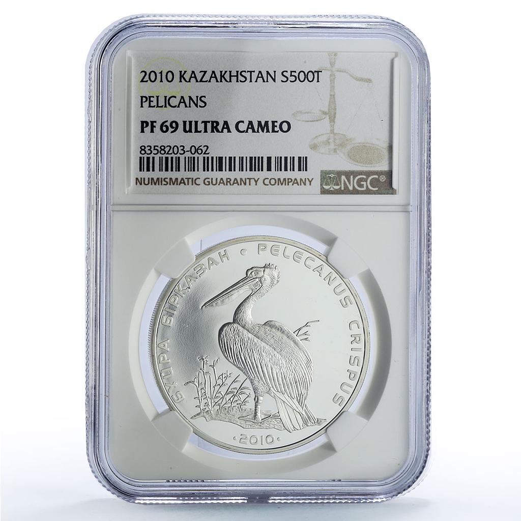 Kazakhstan 500 tenge Pelican Red Book Birds Fauna PF69 NGC silver coin 2010