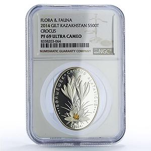 Kazakhstan 500 tenge Crocus Flower Flora Fauna Gilt PF69 NGC silver coin 2014
