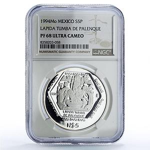 Mexico 5 pesos Lapida Tumba Palenque Precolombina Maya PF68 NGC silver coin 1994