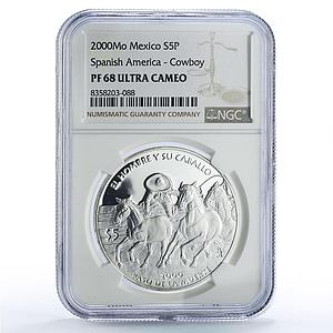 Mexico 5 pesos Paso Muerte Man Horse Ibero-American PF68 NGC silver coin 2000