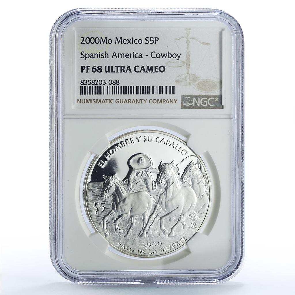 Mexico 5 pesos Paso Muerte Man Horse Ibero-American PF68 NGC silver coin 2000