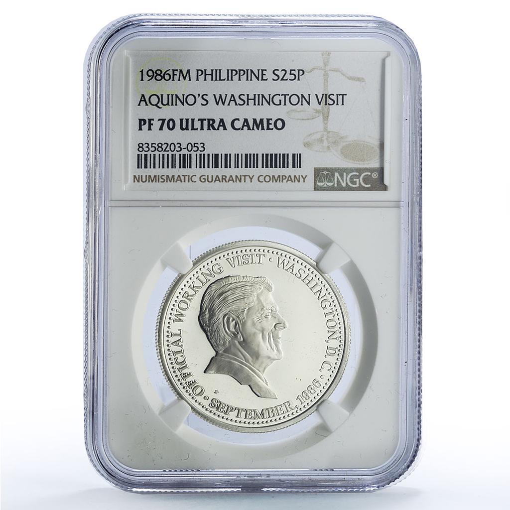 Philippines 25 piso Reagan Aquino Visit Politics PF70 NGC silver coin 1986