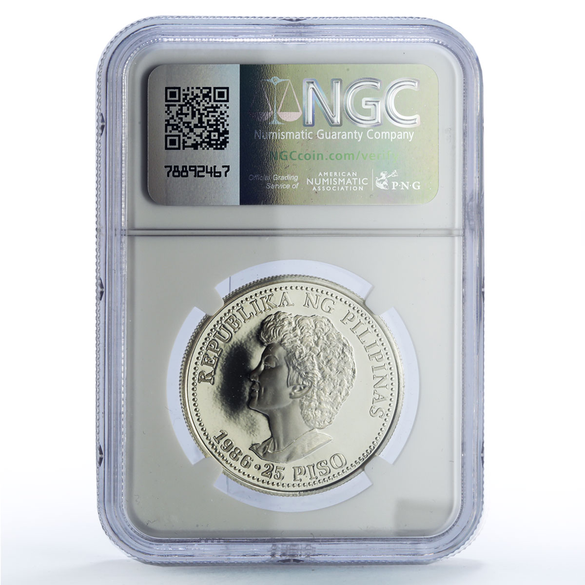 Philippines 25 piso Reagan Aquino Visit Politics PF70 NGC silver coin 1986