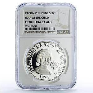Philippines 50 piso UNICEF Save Children Child Year PF70 NGC silver coin 1979