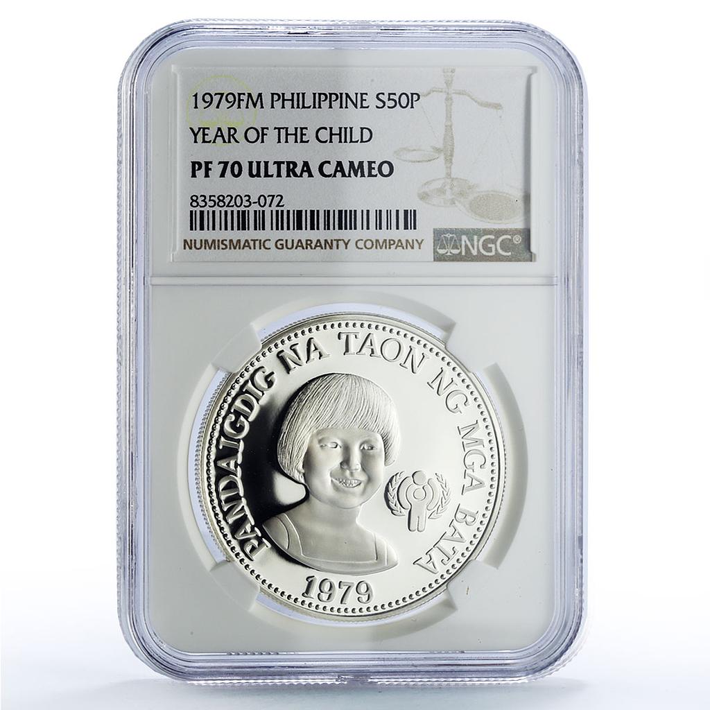 Philippines 50 piso UNICEF Save Children Child Year PF70 NGC silver coin 1979
