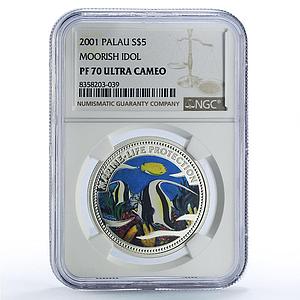 Palau 5 dollars Moorish Idol Fish Marine Life Protection PF70 NGC Ag coin 2001