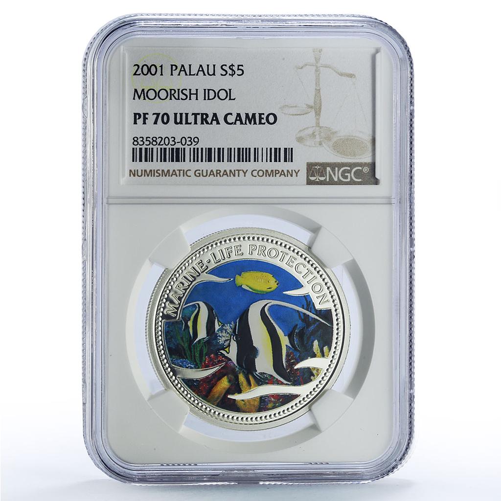 Palau 5 dollars Moorish Idol Fish Marine Life Protection PF70 NGC Ag coin 2001