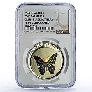 Palau 5 dollars Green Black Butterfly Wildlife Fauna PF69 NGC silver coin 2008