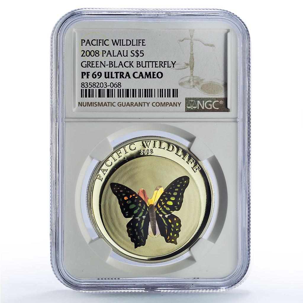 Palau 5 dollars Green Black Butterfly Wildlife Fauna PF69 NGC silver coin 2008