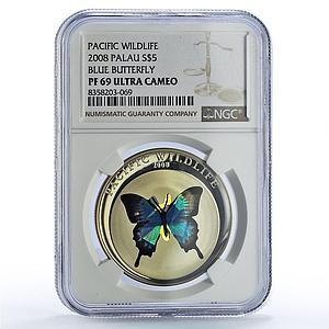 Palau 5 dollars Blue Butterfly Pacific Wildlife Fauna PF69 NGC silver coin 2008