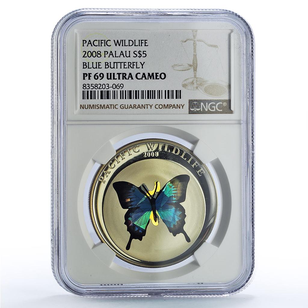 Palau 5 dollars Blue Butterfly Pacific Wildlife Fauna PF69 NGC silver coin 2008