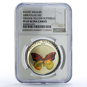 Palau 5 dollars Orange Yellow Butterfly Wildlife Fauna PF69 NGC silver coin 2008