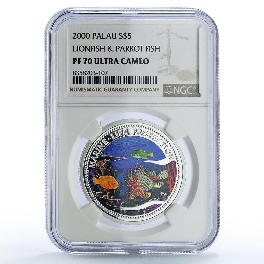 Palau 5 dollars Lionfish Parrotfish Marine Life Protection PF70 NGC Ag coin 2000