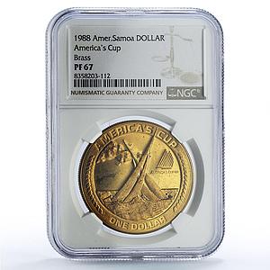 American Samoa 1 dollar America Cup Yachting Ship PF67 NGC bronze coin 1988