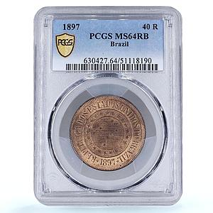 Brazil 40 reis Republic Coinage Coat of Arms KM-491 MS64 PCGS bronze coin 1897