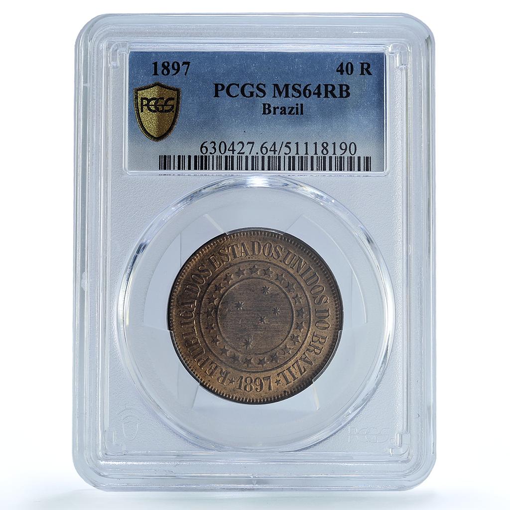 Brazil 40 reis Republic Coinage Coat of Arms KM-491 MS64 PCGS bronze coin 1897