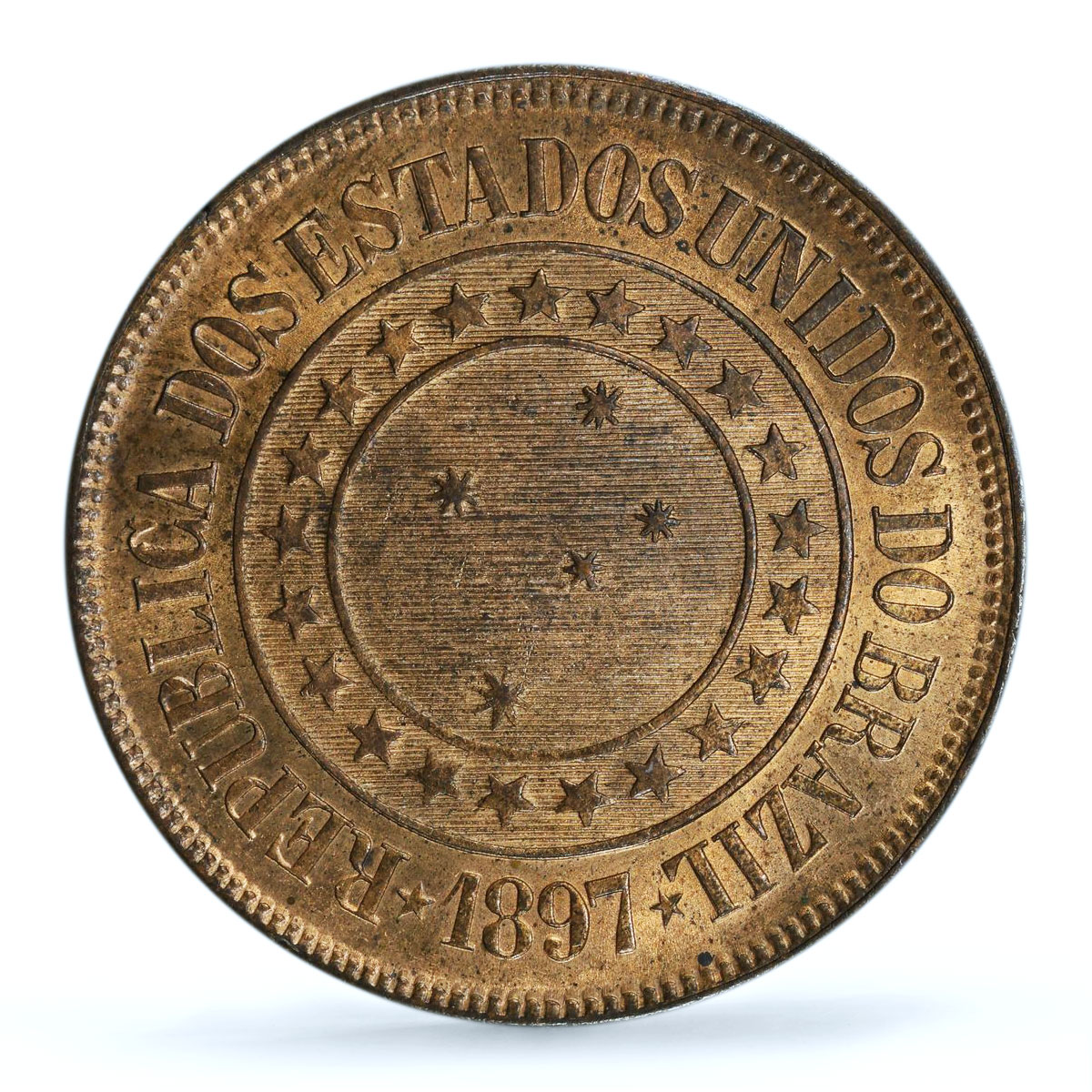 Brazil 40 reis Republic Coinage Coat of Arms KM-491 MS64 PCGS bronze coin 1897