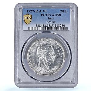 Italy 20 lire King Victor Emmanuel III Coinage KM-69 AU58 PCGS silver coin 1927