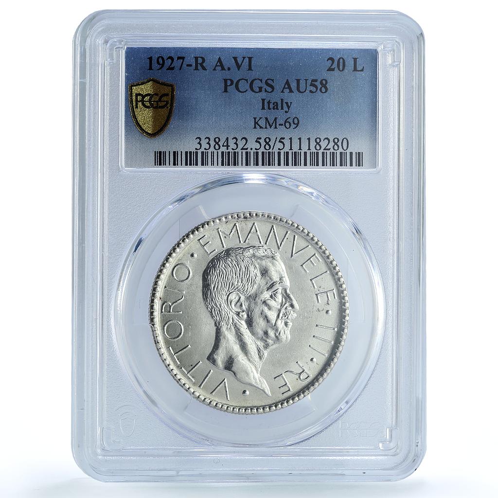 Italy 20 lire King Victor Emmanuel III Coinage KM-69 AU58 PCGS silver coin 1927 Italy 20 lire King Victor Emmanuel III Coinage KM-69 AU58 PCGS silver coin 1927