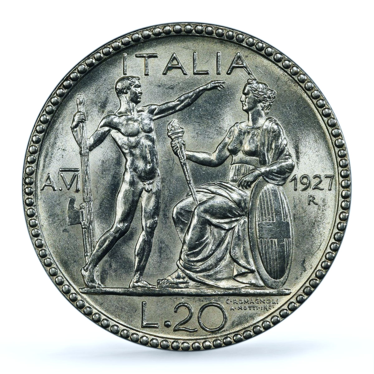Italy 20 lire King Victor Emmanuel III Coinage KM-69 AU58 PCGS silver coin 1927