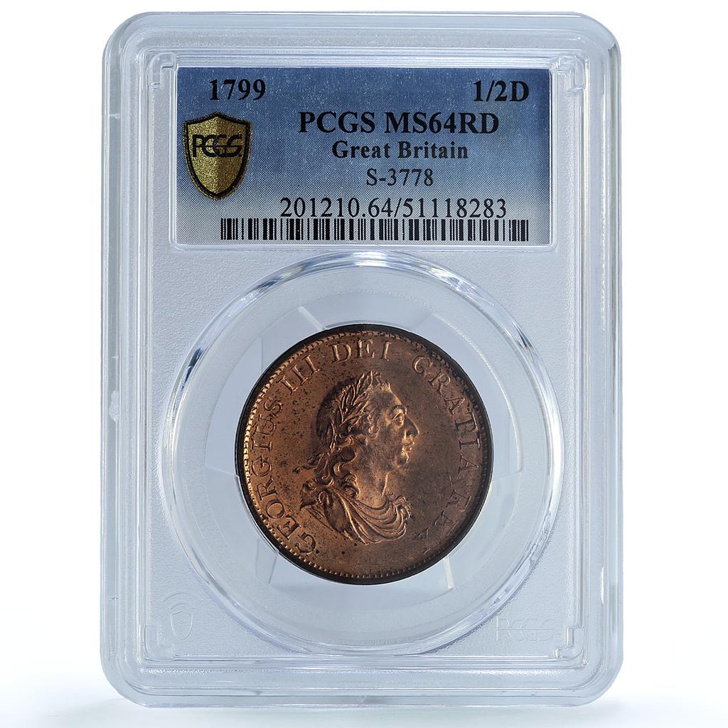 Great Britain 1/2 penny George III Coinage KM-647 MS64 PCGS copper coin 1799 Great Britain 1/2 penny George III Coinage KM-647 MS64 PCGS copper coin 1799