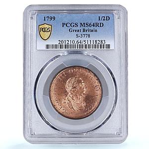 Great Britain 1/2 penny George III Coinage KM-647 MS64 PCGS copper coin 1799