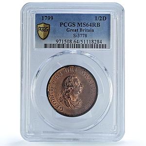 Great Britain 1/2 penny George III Coinage KM-647 MS64 PCGS copper coin 1799
