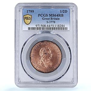 Great Britain 1/2 penny George III Coinage KM-647 MS64 PCGS copper coin 1799