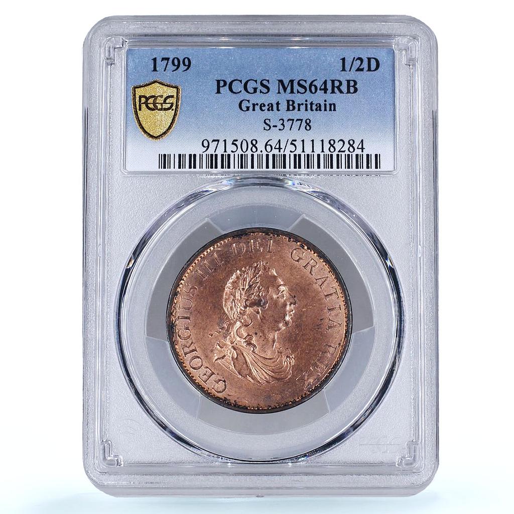 Great Britain 1/2 penny George III Coinage KM-647 MS64 PCGS copper coin 1799