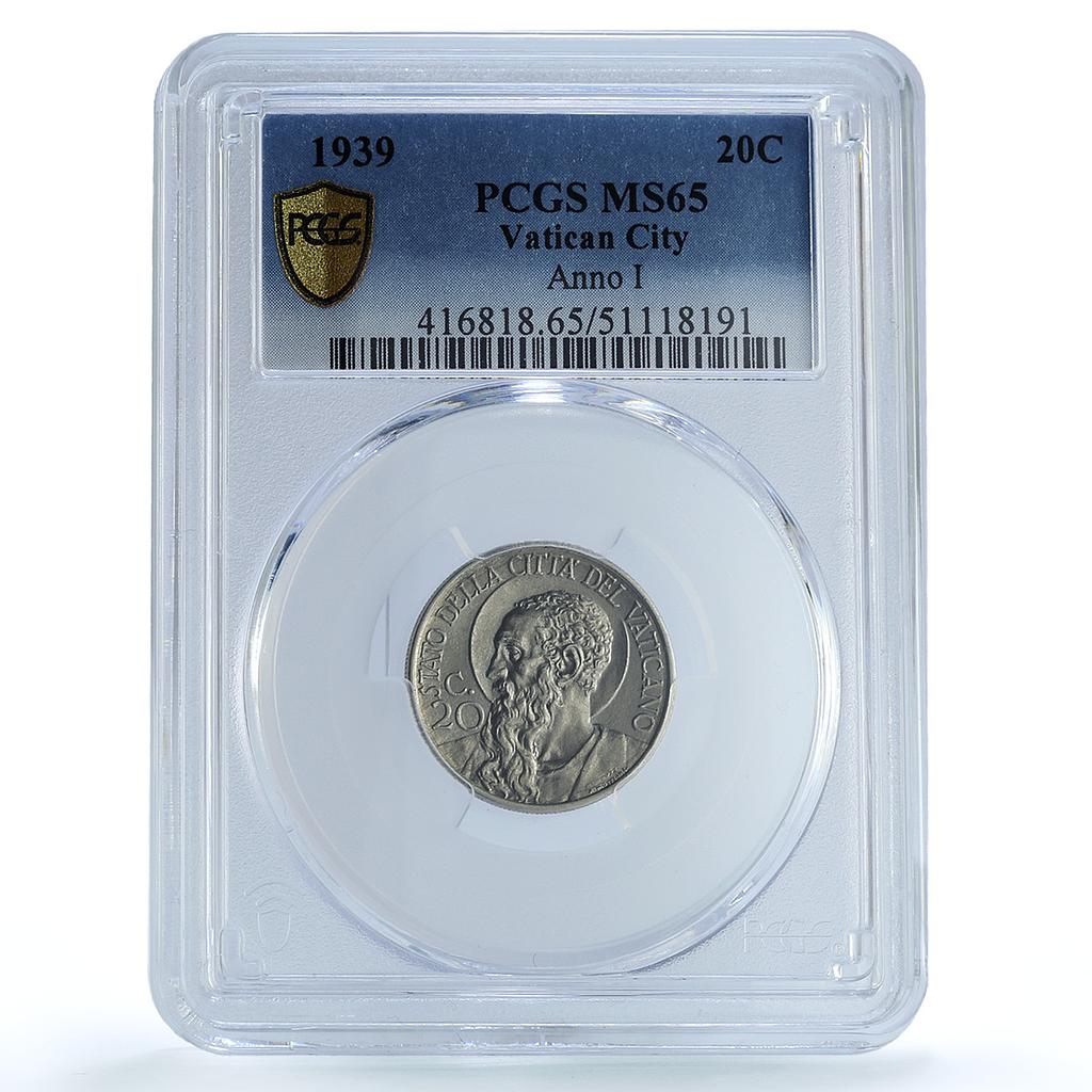 Italy Vatican 20 centesimi Pope Pius XII Saint Paul MS65 PCGS nickel coin 1939 Italy Vatican 20 centesimi Pope Pius XII Saint Paul MS65 PCGS nickel coin 1939