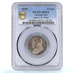 Italy Vatican 5 lire Pope Pius XII Saint Peter Boat MS64 PCGS silver coin 1939