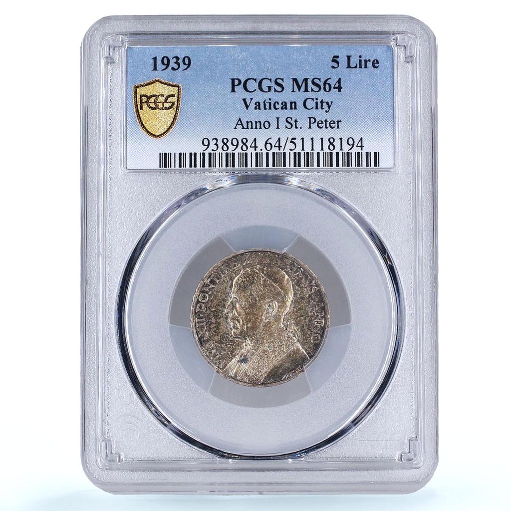 Italy Vatican 5 lire Pope Pius XII Saint Peter Boat MS64 PCGS silver coin 1939