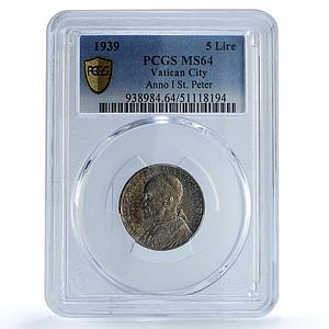 Italy Vatican 5 lire Pope Pius XII Saint Peter Boat MS64 PCGS silver coin 1939
