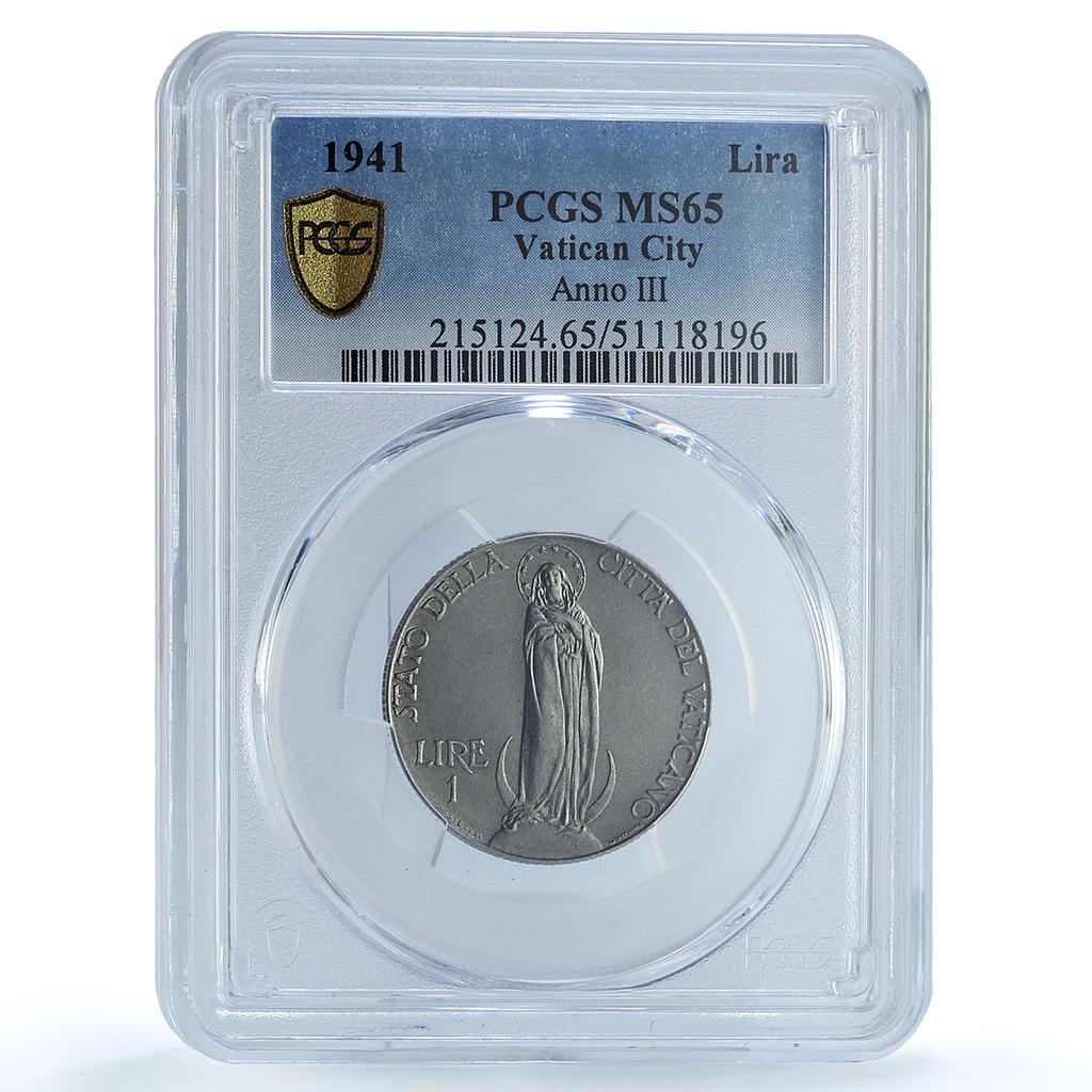 Italy Vatican 1 lire Pope Pius XII Virgin Mary MS65 PCGS NiSteel coin 1941 Italy Vatican 1 lire Pope Pius XII Virgin Mary MS65 PCGS NiSteel coin 1941