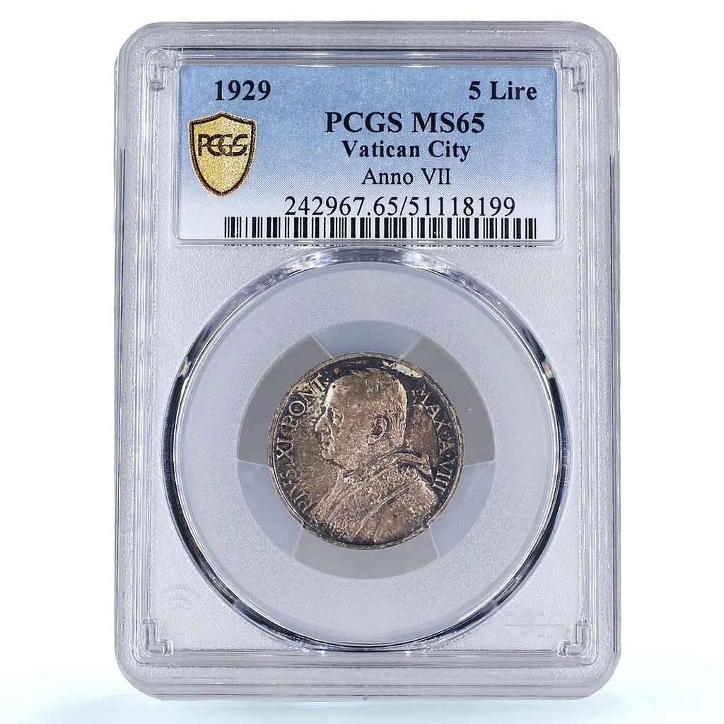 Italy Vatican 5 lire Pope Pius XI Saint Peter in Boat MS65 PCGS silver coin 1929