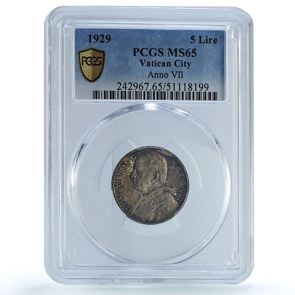 Italy Vatican 5 lire Pope Pius XI Saint Peter in Boat MS65 PCGS silver coin 1929 Italy Vatican 5 lire Pope Pius XI Saint Peter in Boat MS65 PCGS silver coin 1929