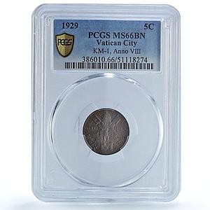 Italy Vatican 5 centesimi Pope Pius XI Olive Branch MS66 PCGS bronze coin 1929