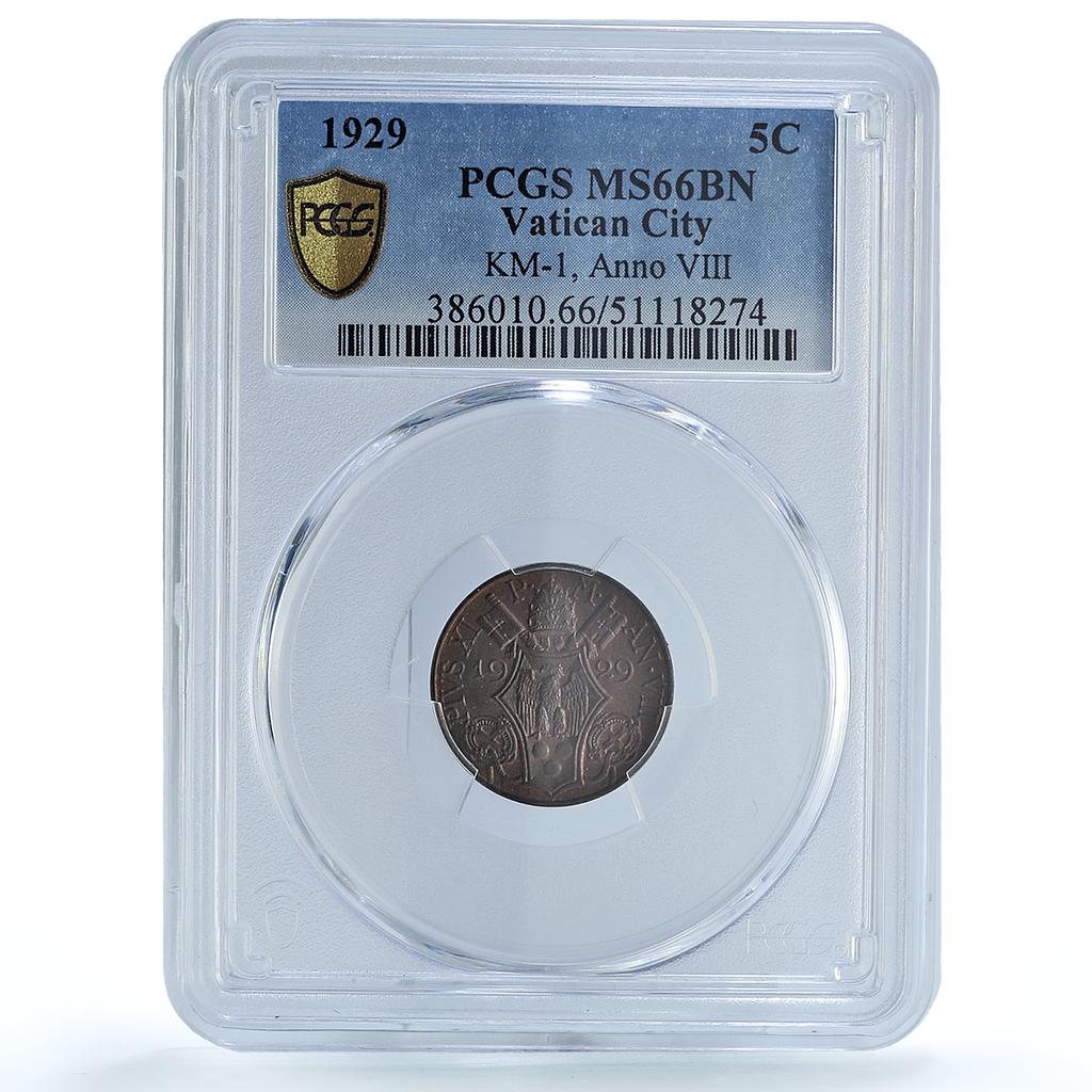 Italy Vatican 5 centesimi Pope Pius XI Olive Branch MS66 PCGS bronze coin 1929 Italy Vatican 5 centesimi Pope Pius XI Olive Branch MS66 PCGS bronze coin 1929
