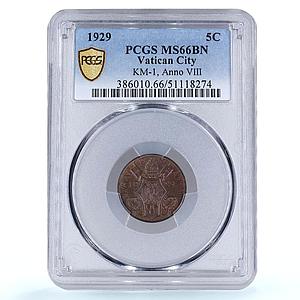 Italy Vatican 5 centesimi Pope Pius XI Olive Branch MS66 PCGS bronze coin 1929