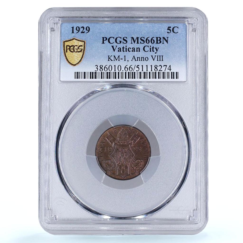 Italy Vatican 5 centesimi Pope Pius XI Olive Branch MS66 PCGS bronze coin 1929