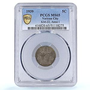 Italy Vatican 5 centesimi Pope Pius XII Olive Branch MS65 PCGS AlBr coin 1939