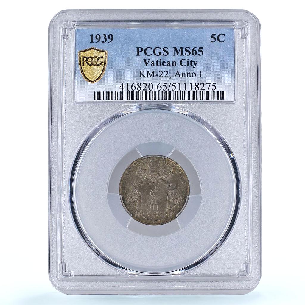 Italy Vatican 5 centesimi Pope Pius XII Olive Branch MS65 PCGS AlBr coin 1939