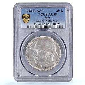 Italy 20 lire World War I End Victor Emmanuel III AU58 PCGS silver coin 1928