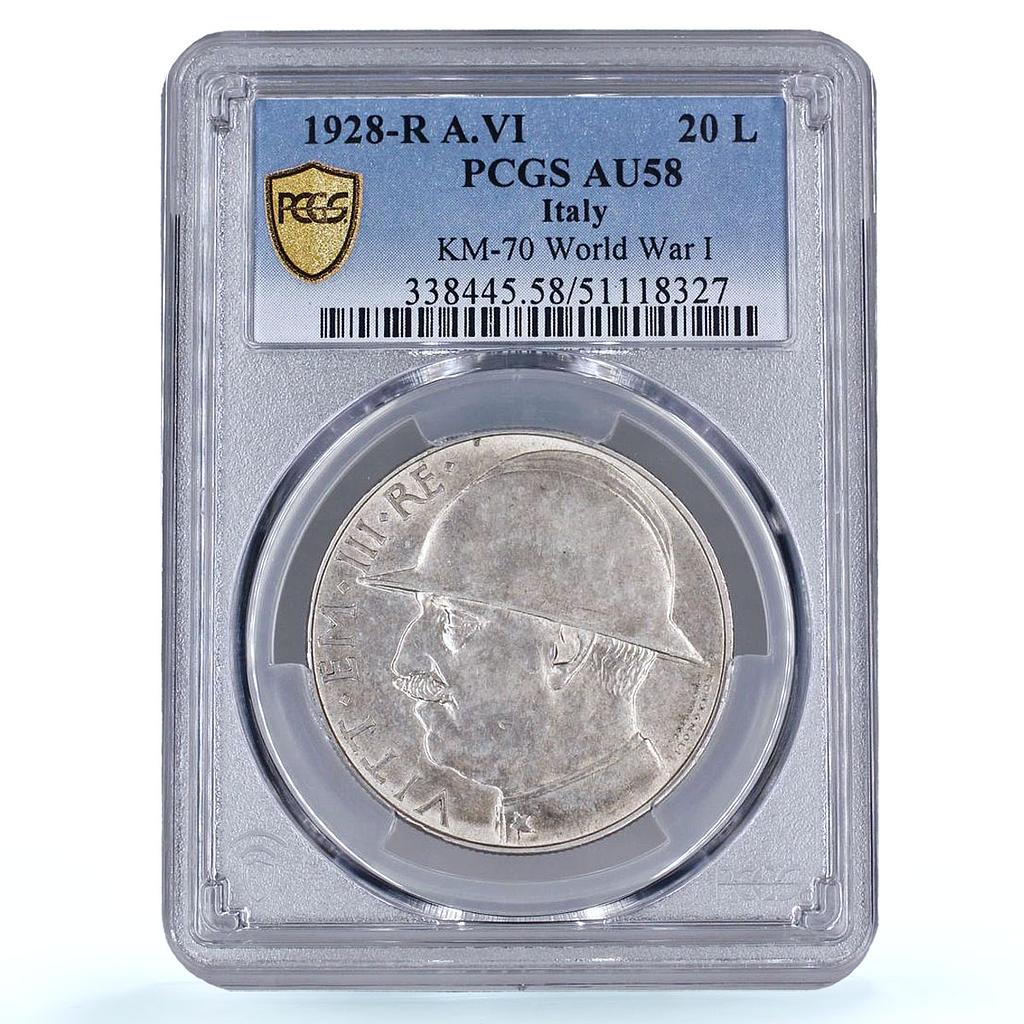 Italy 20 lire World War I End Victor Emmanuel III AU58 PCGS silver coin 1928