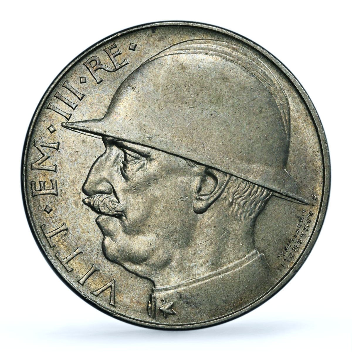 Italy 20 lire World War I End Victor Emmanuel III AU58 PCGS silver coin 1928