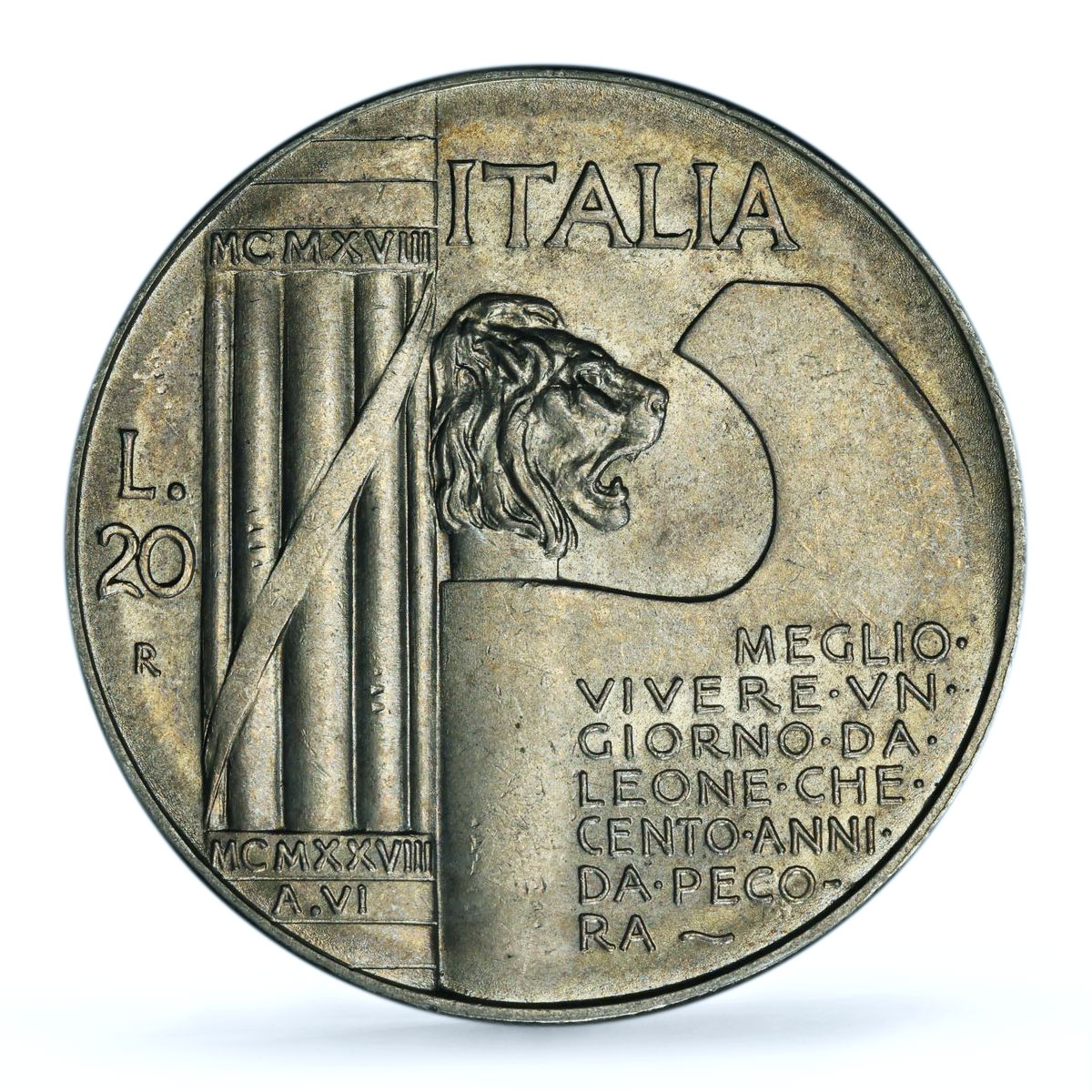 Italy 20 lire World War I End Victor Emmanuel III AU58 PCGS silver coin 1928