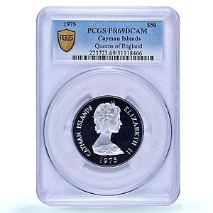 Cayman Islands 50 dollars Queens of England History PR69 PCGS silver coin 1975